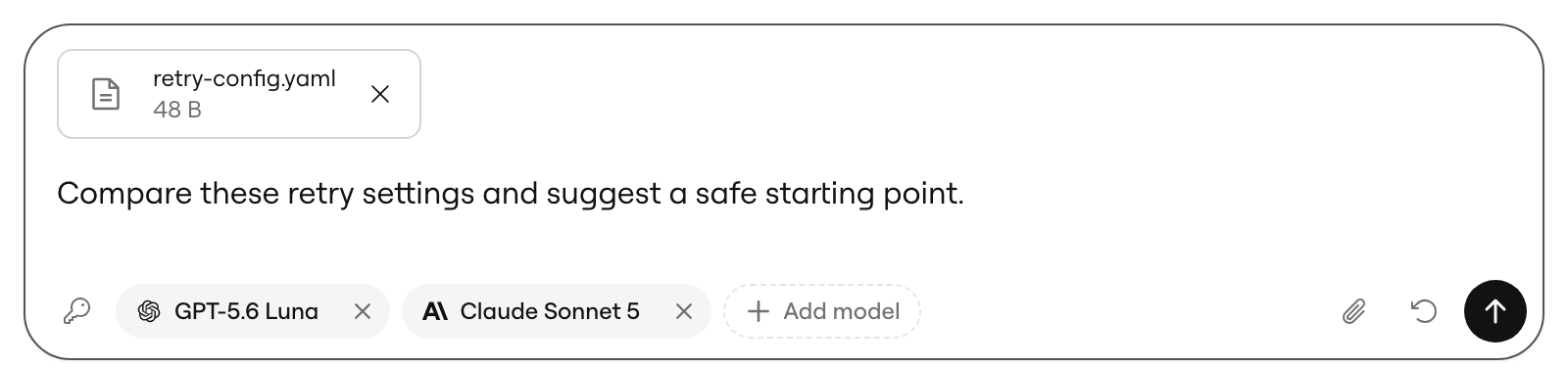 Playground composer with a sample YAML file attached to a prompt and two models selected for comparison.