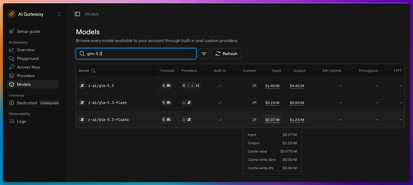 AI Gateway model catalog in dark mode, filtered to GLM-5.3, showing GLM-5.3, GLM-5.3-Flash, and GLM-5.3-FlashX with provider options and token prices.
